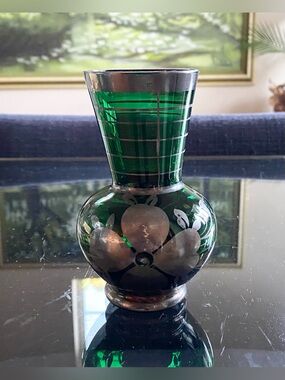 Vintage Italian Emerald Green Glass Vase with Sterling Silver Floral Overlay 5”